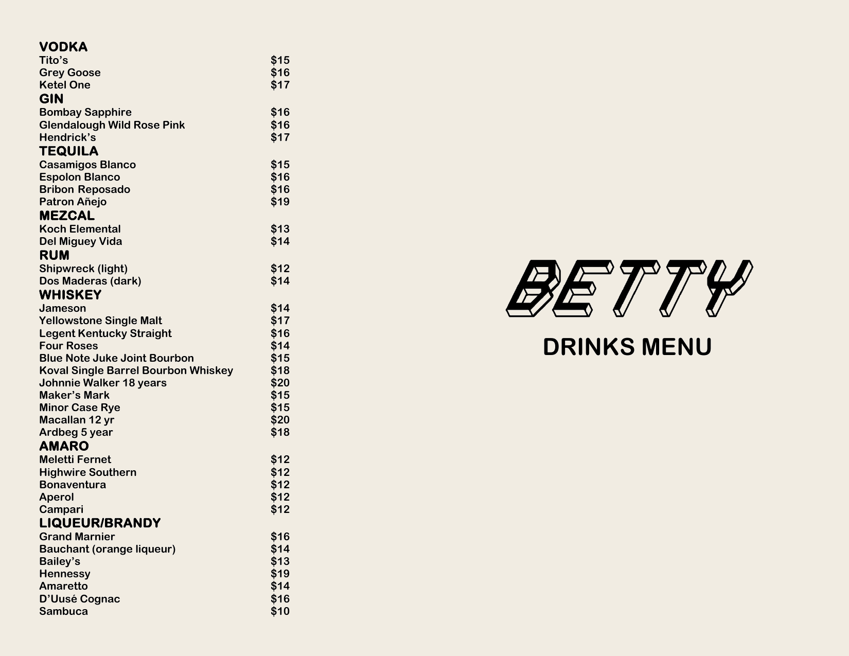 Drinks menu page 1